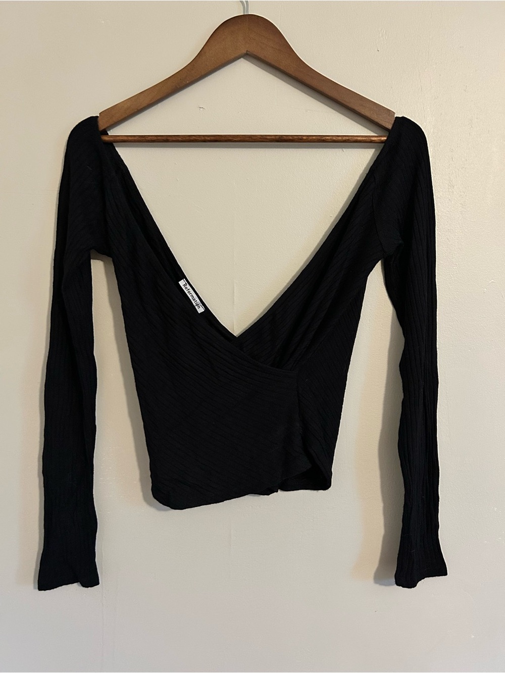 Reformation Black Ribbed Knit Wrap-Front Long Sleeve Top Deep V Neck XS Ballet